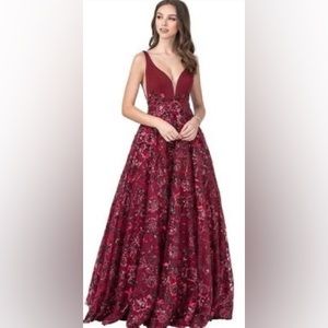 Apseed Design Embellished Chiffon Lace A-Line Gown, Burgundy
